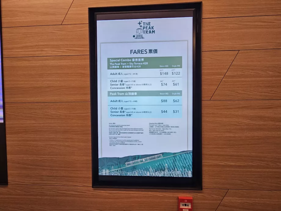 Peak Tram ticket prices in 2024