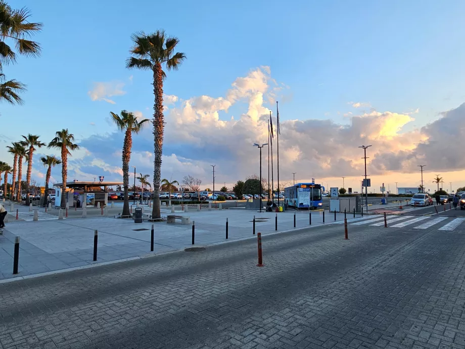 View of the bus stop from the arrivals hall